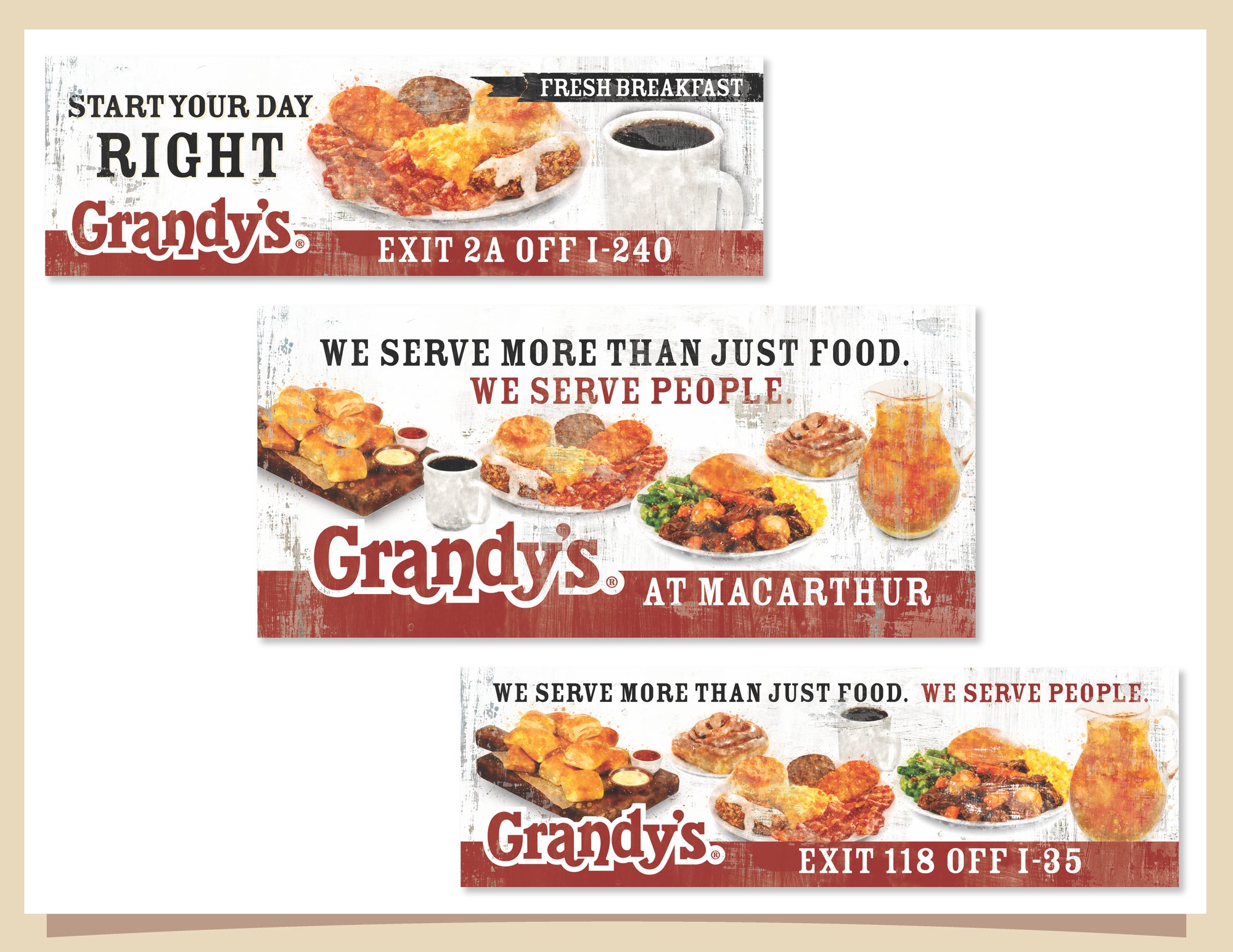 Three large-format highway billboard designs for Grandy’s