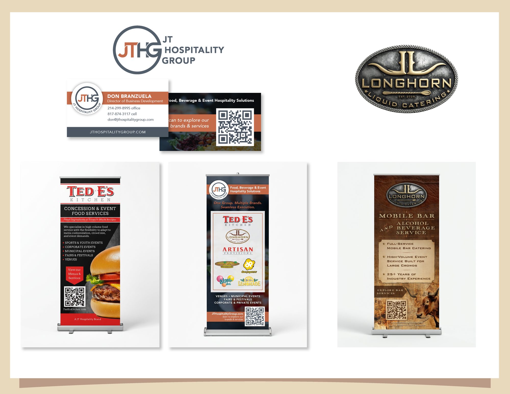 JT Hospitality Group identity, business card and pop-up banners for its operating brands