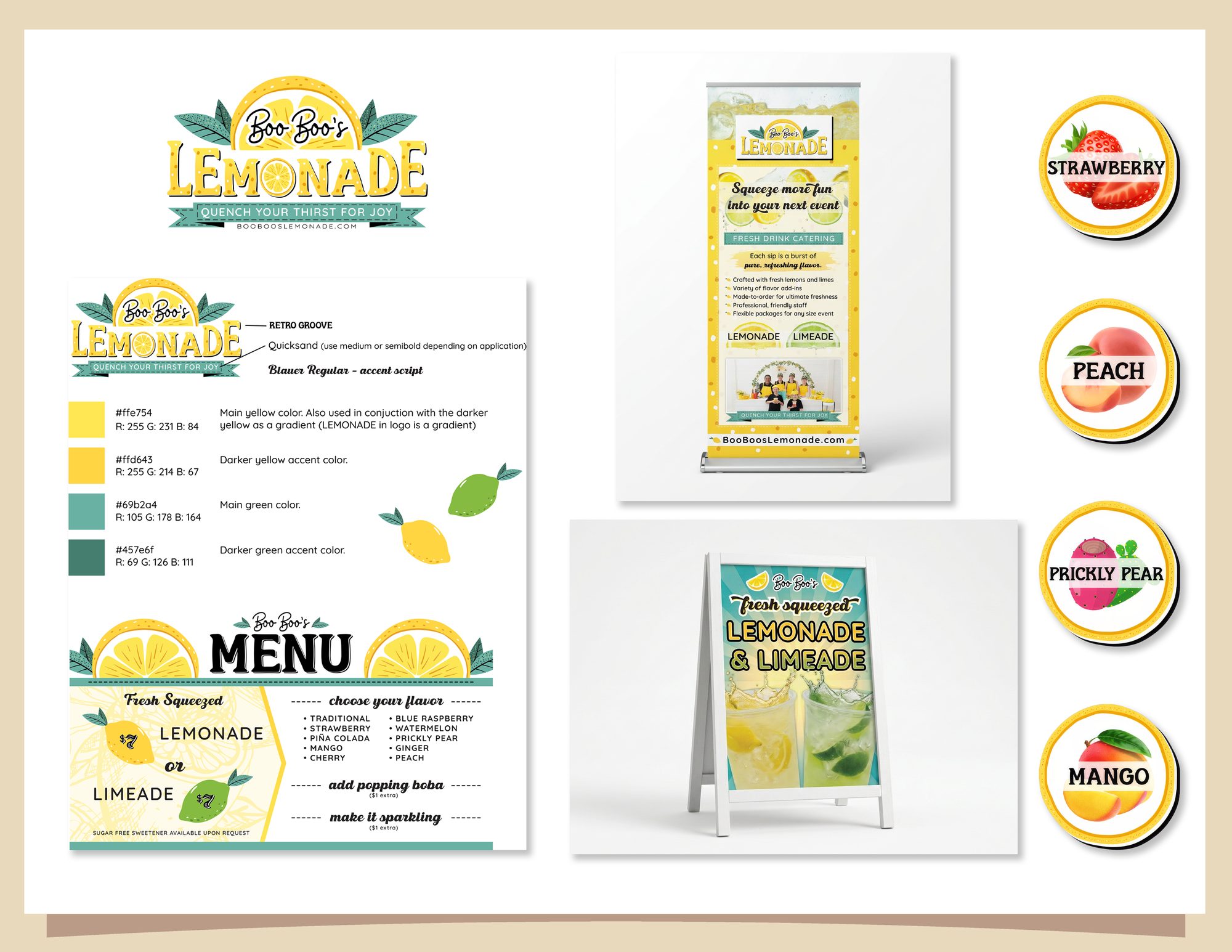 Boo Boo’s Lemonade brand system, menu, flavor badges and event signage
