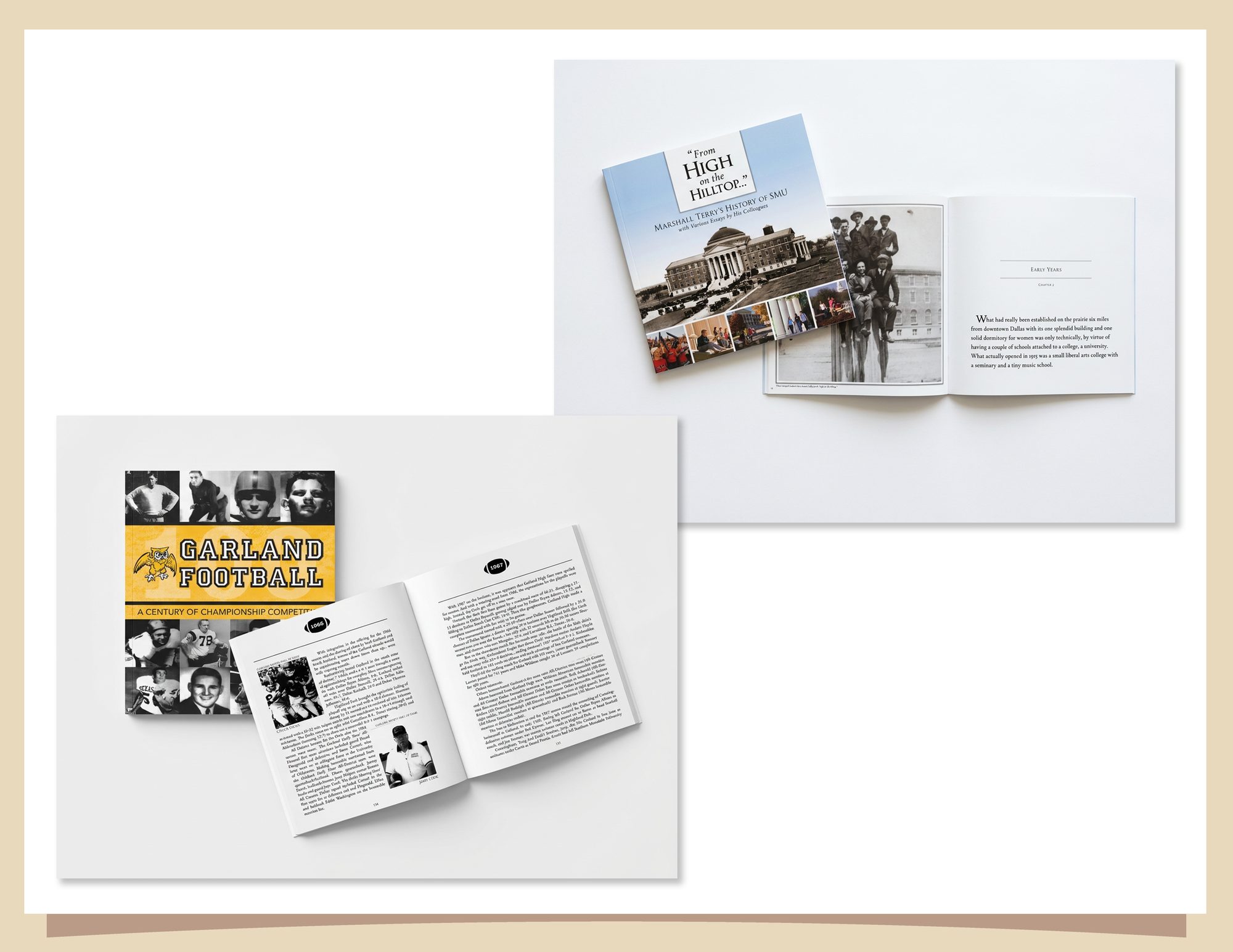 Hardback history books for Southern Methodist University and Garland ISD
