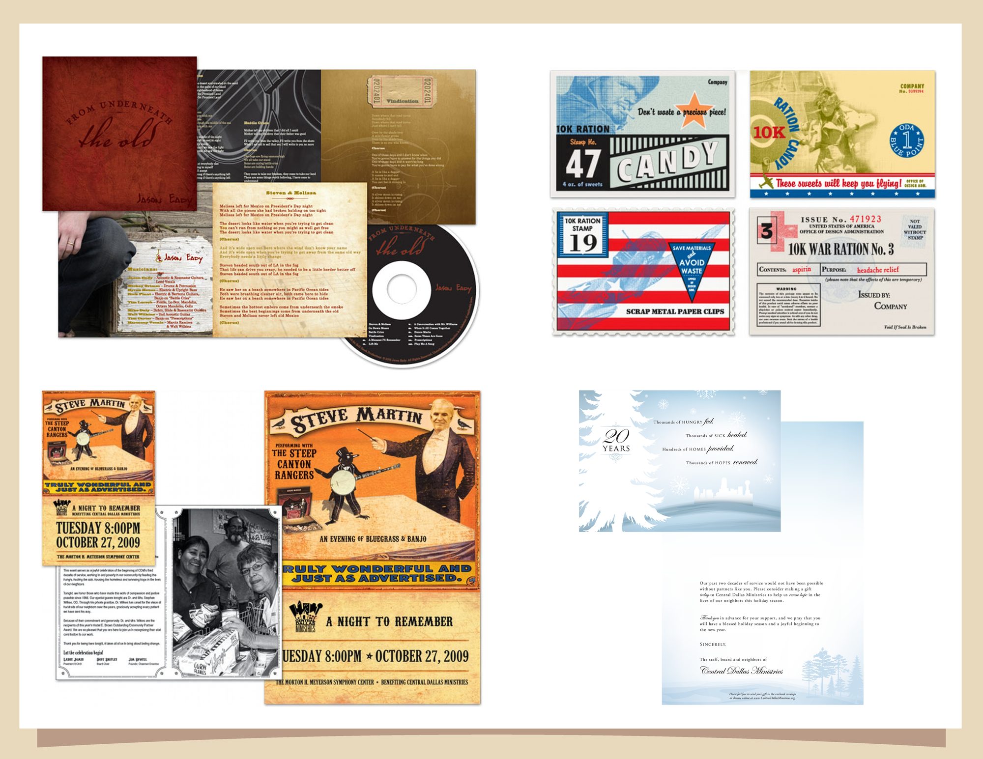 Collection of music packaging, event posters, ration cards and appeal cards